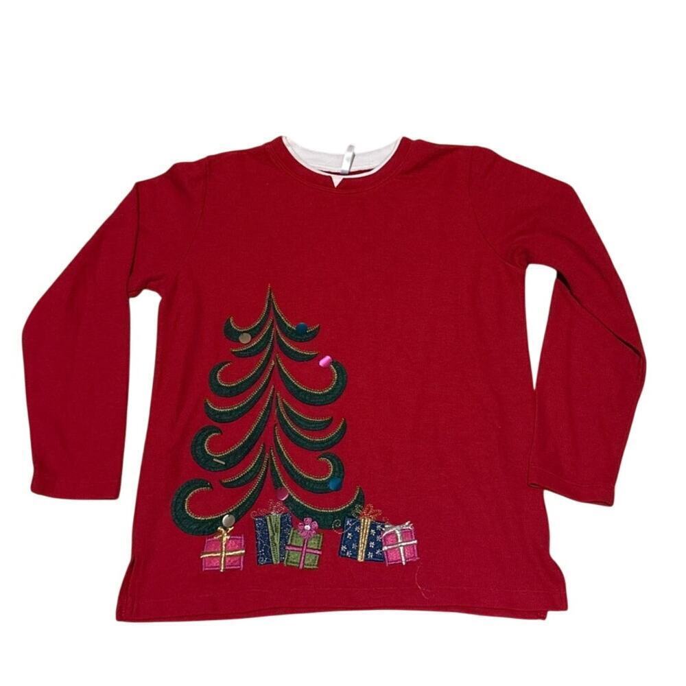 Vintage Red Mock Neck Holiday Gift Appliqué Top S